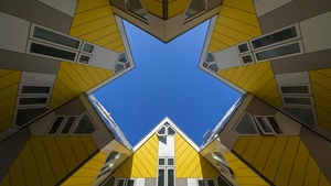 Rotterdam, Netherlands, Yellow, Geometrical, Symmetry, Blue Sky, Look up, 4K wallpaper