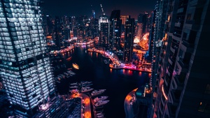 Dubai Marina, United Arab Emirates, Boats, Cityscape, Modern architecture, Night time, City lights, Aerial view, 4K wallpaper