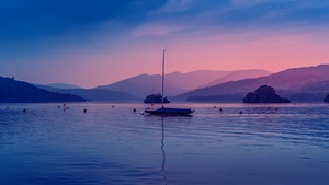 Boat, Dawn, Body of Water, Evening, Mountains, Colorful Sky, 4K wallpaper