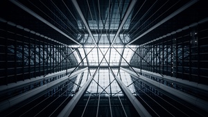 Modern architecture, Skylight, Looking up at Sky, Glass building, Atrium, Symmetrical, 4K wallpaper