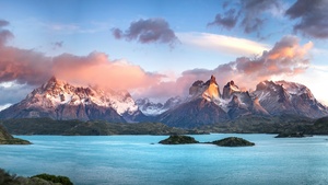 Torres del Paine National Park, Panorama, Mountains, Cloudy Sky, Sunny day, Ultrawide, 4K wallpaper