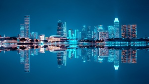 City Skyline, Singapore, Blue hour, Night life, Cityscape, Reflection, Symmetrical, Body of Water, Skyscrapers, Blue Sky, City lights, Modern architecture, 4K wallpaper