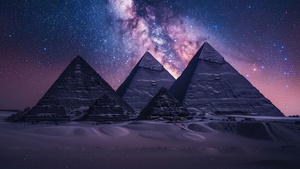 Egyptian Pyramids, Milky Way, Night sky, Seven Wonders of the Ancient World, AI art, The Great Pyramid of Giza, 4K wallpaper