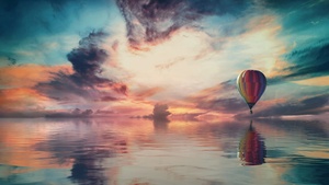 Hot air balloon, Multicolor, Colorful Sky, Water, Reflection, Clouds, Sky view, Aesthetic, 4K wallpaper