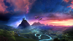Dream, Flying together, Mountains, Evening, Dusk, Magical, 4K wallpaper