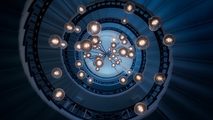 Spiral staircase, Chandelier, Steps, Look up, Pattern, Lights, Interior, Blue aesthetic, 4K wallpaper