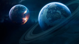 Blue planet, Orbital ring, Red planet, Stars, Galaxy, 4K wallpaper