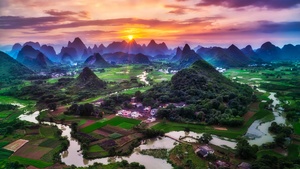 China, Sunset, Beautiful, Green Fields, Village, River, Mountains, Clouds, 4K wallpaper