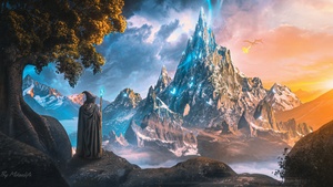 Mountain, Fantasy artwork, Ultrawide, Wizard, 4K wallpaper