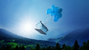 House, Green landscape, Balloons, Sky blue, Green Trees, Mystic, Sun light, 4K wallpaper