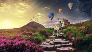 Deer, Hot air balloons, Sunrise, Landscape, Stone staircase, Spring, Girly, 4K wallpaper