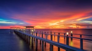 Wooden pier, Resort, Bridge, Sunset, Horizon, Dawn, Vacation, Sea, Holidays, Phuket, Thailand, Aesthetic, 4K wallpaper