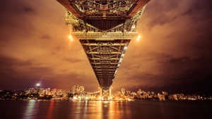 Sydney Harbour Bridge, Illuminated, Australia, Cityscape, River, Reflection, Nightscape, Sky view, Orange, Bright, City lights, 4K wallpaper