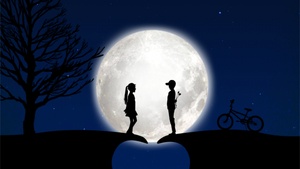 Full moon, Couple, Heart, Blue background, Bicycle, Tree, Cat, Stars, Silhouette, 4K wallpaper
