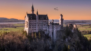 Neuschwanstein Castle, Germany, Landscape, Starry sky, Ancient architecture, Astronomy, Stars, Outer space, 4K wallpaper