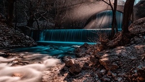 Waterfall, Long exposure, Forest, Autumn, Fall, Sun rays, Brown aesthetic, 4K wallpaper