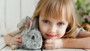 Smiling girl, Rabbit, Blue eyes, Cute Girl, Happiness, Joy, Pretty, Adorable, Pretty, 4K wallpaper
