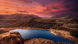 Scenic, Sunset, Lake, Mountains, Landscape, Birds, Purple sky, Evening, Dawn, 4K wallpaper