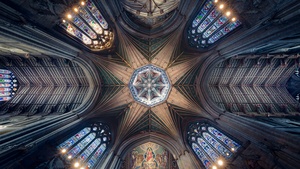 Ely Cathedral, Ancient architecture, Cathedral, Dome, Stained glass, United Kingdom, Indoor, Ceiling, Lights, Patterns, 4K wallpaper