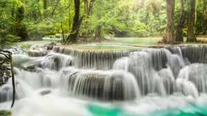 Erawan Falls, Waterfall, Forest, Spring, Rainforest, Thailand, 4K wallpaper