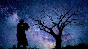 Couple, Night, Romantic kiss, Silhouette, Starry sky, 4K wallpaper