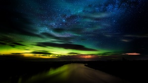 Aurora Borealis, Stars, Clouds, New Zealand, Dawn, Night, River, Green, Blue Sky, Dark background, 4K wallpaper