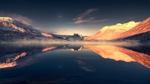 Mountains, Lake, Evening, Reflection, Scenery, Tranquility, Moon, Landscape, Aesthetic, 4K wallpaper