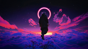 Above clouds, Neon art, Neon circles, Pink aesthetic, Dreamlike, Futuristic, Glowing, 4K wallpaper