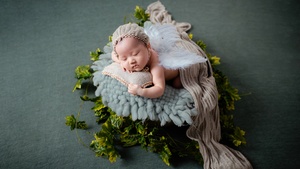 Baby girl, Angel, Green leaves, Sleeping baby, Portrait, Cute Baby, Photoshoot, Sage green, 4K wallpaper