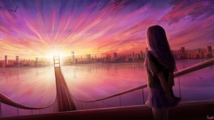 Girl, Illustration, Dream, Pink, Sunrise, Artwork, Cityscape, Bridge, Drawing, Girly backgrounds, 4K wallpaper