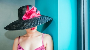 Woman, American, Hat, Girly, Red lips, Pink, 4K wallpaper