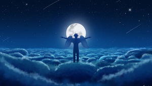 Moonlight, Above clouds, Dream, Man, Wings, Night, Blue aesthetic, 4K wallpaper