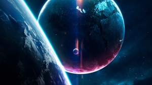 Planets, Digital Art, Earth, Purple, Blue, Stars, Horizon, 4K wallpaper
