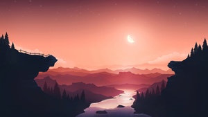 Sunset, Moon, River, Mountains, Gradient background, Peach background, Aesthetic, Pastel background, 4K wallpaper