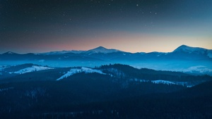 Evening, Foggy, Dusk, Forest, Mountains, Starry sky, Winter, Sunset, 4K wallpaper
