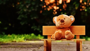 Teddy bear, Park bench, Soft toy, Wooden bench, Evening, Cute toy, 4K wallpaper