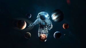 Astronaut, Planetary System, Space suit, Space Travel, Stars, Orbital ring, Solar system, Planets, 4K wallpaper