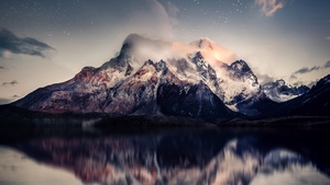 Mountains, Reflection, Starry sky, Cold, Lake, Dusk, Sunset, Tranquility, Foggy, 4K wallpaper