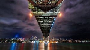 Sydney Harbour Bridge, Australia, Cityscape, River, Reflection, Night lights, Sky view, 4K wallpaper