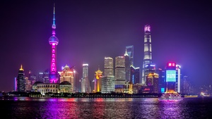 Shanghai City, Body of Water, Reflection, Skyscrapers, Night life, Cityscape, Lights, Modern architecture, 4K wallpaper