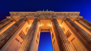 Berlin, Germany, Low Angle Photography, Lights, Night, Blue Sky, Arch, 4K wallpaper