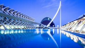 City of Arts and Sciences, Valencia, Spain, Blue hour, Water, Reflection, Lights, Dusk, 4K wallpaper