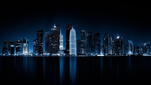 Doha, Qatar, Night, Cityscape, City lights, Reflections, Dark, 4K wallpaper