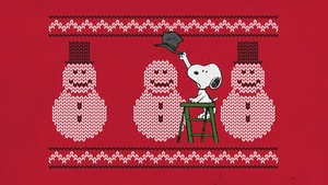 Snoopy, Snowman, Christmas background, Red background, Peanuts, Happy, Cartoon, Knitted, Illustration, Adorable, Cheerful, Festive season, 4K wallpaper