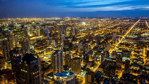 Chicago, Illinois, City Skyline, Night, Cityscape, Blue Sky, Night lights, Buildings, Skyscrapers, 4K wallpaper