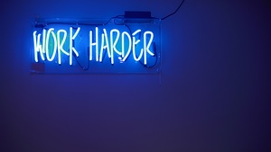 Work harder, Neon Lights, Blue background, Motivational, 4K wallpaper