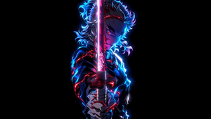 Kyojuro Rengoku, Neon glow, AMOLED, Demon Slayer: Kimetsu no Yaiba, Black background, Katana, 4K wallpaper