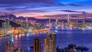 City Skyline, Night life, Cityscape, Hong Kong, Skyscrapers, Purple sky, River, Sunset, Night lights, 4K wallpaper