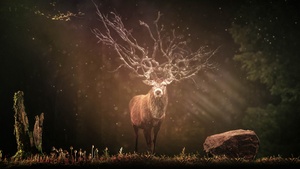 Hirsch, Deer, Forest, Sun rays, Dark background, Wildlife, Rock, Brown aesthetic, 4K wallpaper
