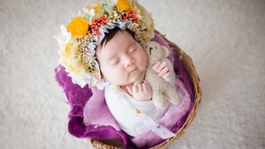 Newborn, Flower Wreath, Sleeping baby, White fur, Basket, Teddy bear, Cute Baby, 4K wallpaper